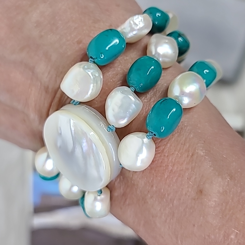 Statement Bracelet Freshwater Pearls Turquoise Beads Magnetic Closure Western